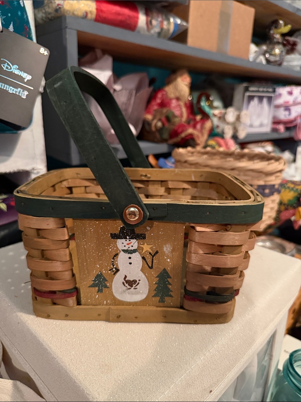 Holiday Memories Handwoven Snowman Accent Basket with Green Handle